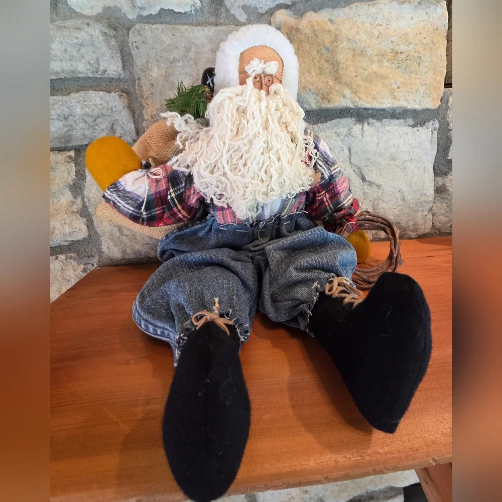 Vtg 90's Primitive Folk Art 17” Sitting Santa Handmade Flannel Shirt Denim Pants